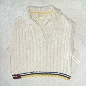 Maeve Cream Cable-Knit Sleeveless V-Neck Sweater with Striped Hem